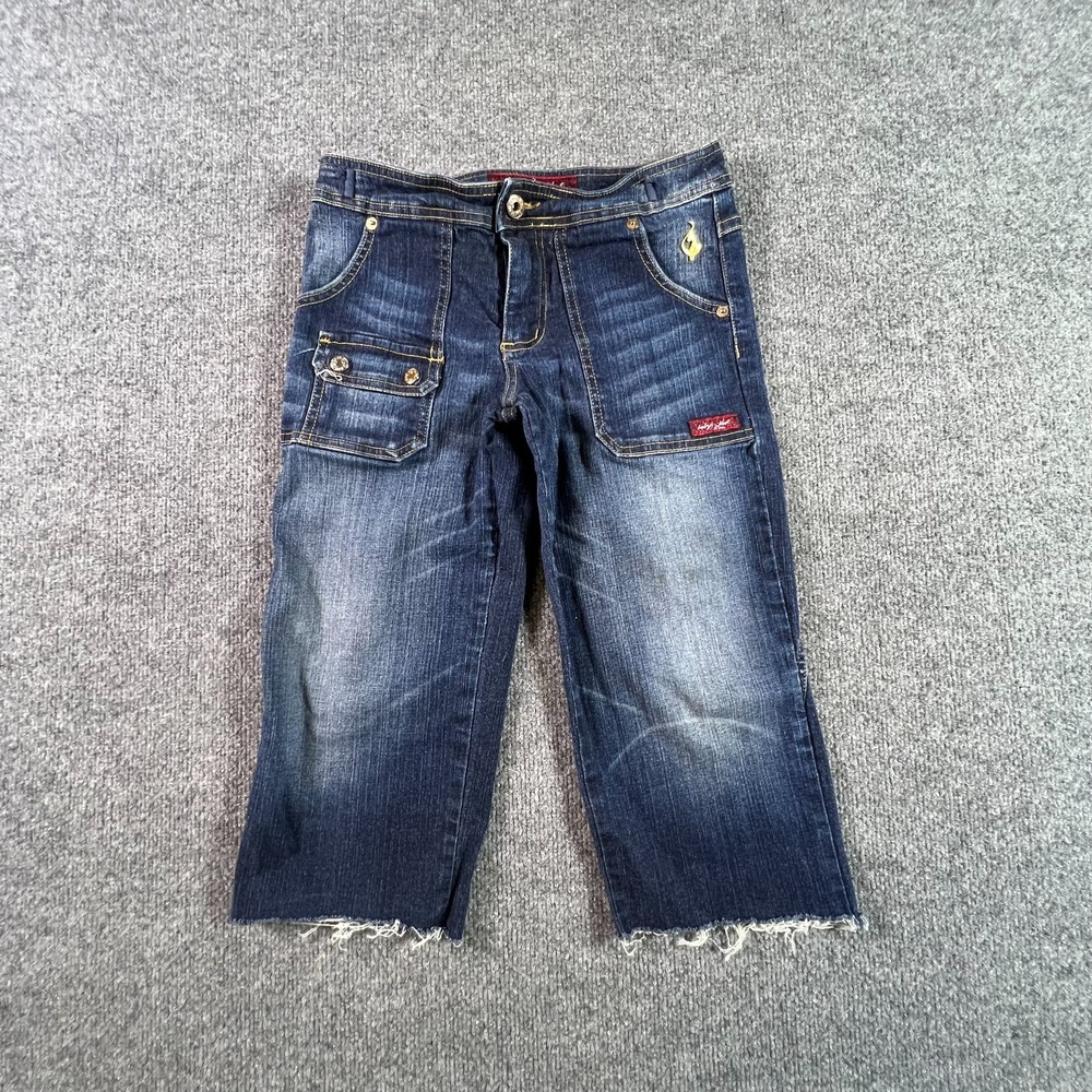 Vintage Baby Phat Capri Jeans Women 3 Blue Denim Dark Wash Cargo Frayed Hem Y2K